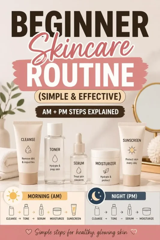 Beginner skincare routine chart displaying simple AM and PM steps with cleanser, toner, serum, moisturizer, and sunscreen.