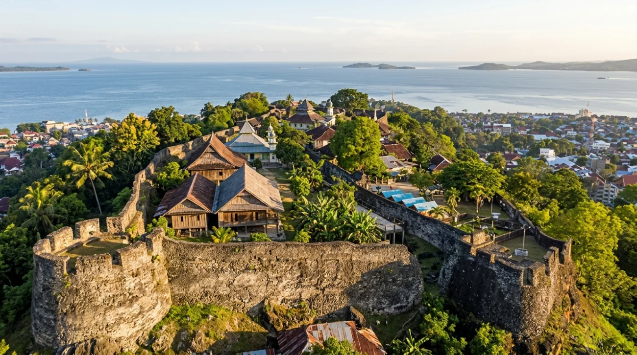 Aerial view of the historic Benteng Keraton Buton fortress and stone walls on a hilltop in Bau-Bau, Indonesia, with views of the sea.