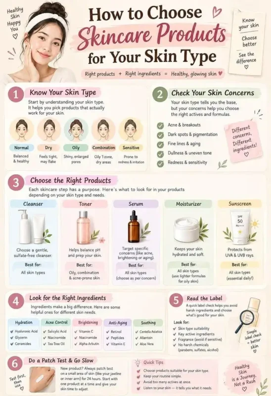 How to choose skincare products for your skin type infographic covering skin types, concerns, essential products, and ingredient guides.